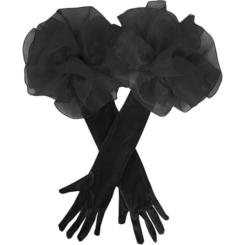 Women's Elegant Evening Black Opera Velvet Ruffled Long Puff Sleeve Gloves